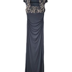 Black and Gold Evening Formal Gown Maxi Dress with Lace Overlay Size 12, Size 4